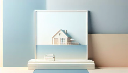 Minimalist HD desktop wallpaper featuring a stylized house model on a shelf with pastel blue and beige color scheme.