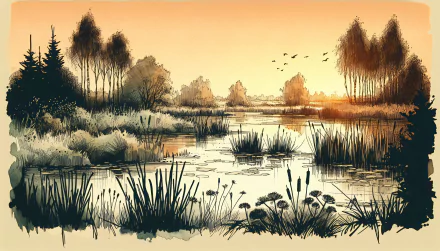 Serene marsh landscape at sunset with silhouetted trees and reeds, HD desktop wallpaper and background.