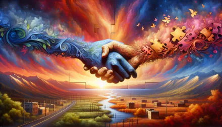 HD desktop wallpaper showcasing artistic handshake representing friendship against a vibrant, colorful landscape background.