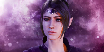 HD wallpaper of Shadowheart from Baldur's Gate 3, featuring a close-up of her face with a cosmic purple background.