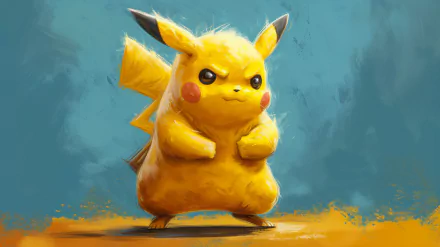 Pikachu Pokémon HD desktop wallpaper with a vibrant blue and orange artistic background.