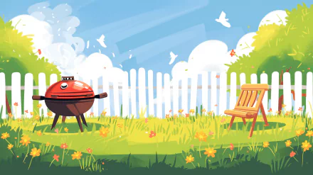 Colorful HD desktop wallpaper featuring a backyard BBQ scene with a grill and chair amidst a sunny, grassy landscape.