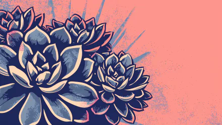 HD desktop wallpaper featuring stylized succulent plants with a vibrant coral pink background.