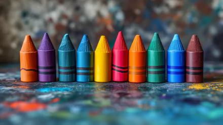 A vibrant arrangement of crayons in various colors against a textured, colorful background, creating a lively HD desktop wallpaper and background.