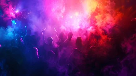 HD desktop wallpaper of a vibrant nightclub scene with a crowd dancing under colorful lights and a haze of smoke.
