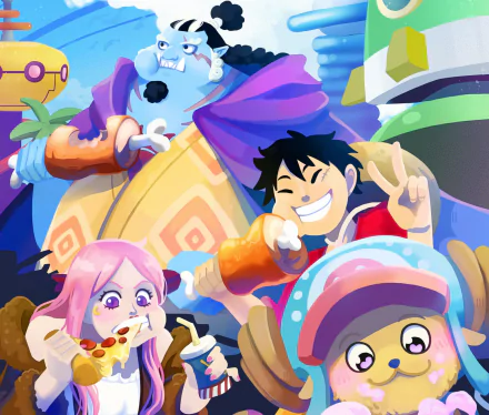 HD anime wallpaper featuring One Piece characters Jinbe, Tony Tony Chopper, and Monkey D. Luffy enjoying food together in a colorful, vibrant setting.