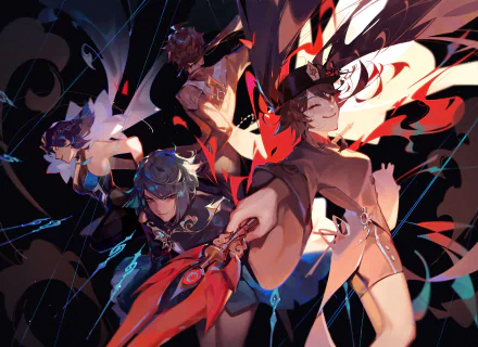 4K Ultra HD desktop wallpaper featuring Genshin Impact characters Hu Tao, Zhongli, Yelan, and Xingqiu in dynamic, vibrant poses with dark, fiery background accents.