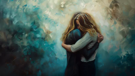 HD wallpaper depicting an artistic rendering of two people embracing in a hug, set against an abstract blue textured background.