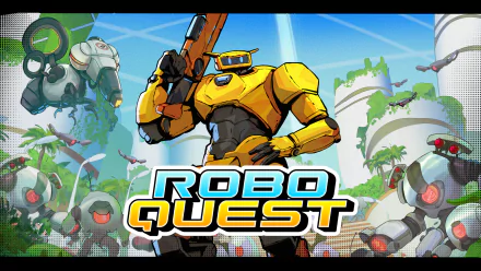 Roboquest video game HD desktop wallpaper featuring a dynamic robot character in action.