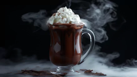 A steaming mug of rich hot chocolate topped with fluffy whipped cream, surrounded by wisps of steam and chocolate shavings, creates a cozy and inviting atmosphere in this HD desktop wallpaper.