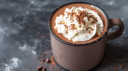 A close-up of a delicious hot chocolate topped with whipped cream and chocolate shavings, set against a textured background, creating a cozy desktop wallpaper.
