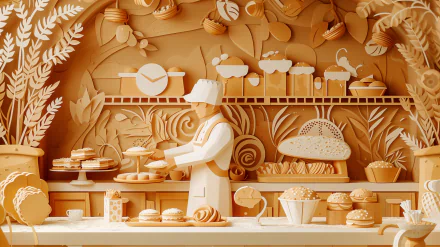 High-definition desktop wallpaper featuring an artistic bakery scene with a baker figurine preparing pastries surrounded by intricately designed bread, cakes, and bakery equipment in warm tones.