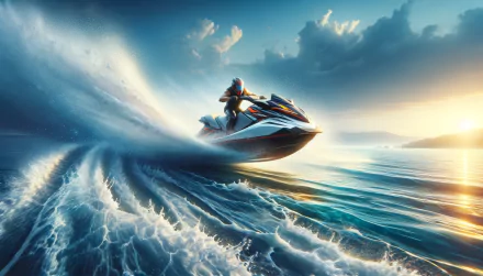 HD wallpaper of a person riding a jet ski on the ocean at sunset, creating dynamic waves.