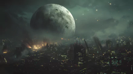 A dramatic dystopian cityscape under a massive moon, showcasing a post-apocalyptic atmosphere with burning buildings and a haunting sky. HD wallpaper with a compelling planetscape.