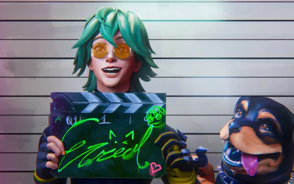 Ezreal from League of Legends holds a clapperboard with his name stylized in neon, accompanied by a playful dog, set against a vibrant background in this HD wallpaper.