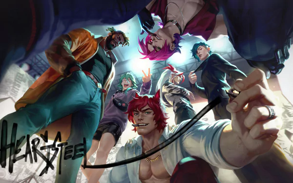 League of Legends HD wallpaper featuring dynamic artwork of Heartsteel's Ezreal, Sett, Kayn, and K'Sante characters in intense battle stance.