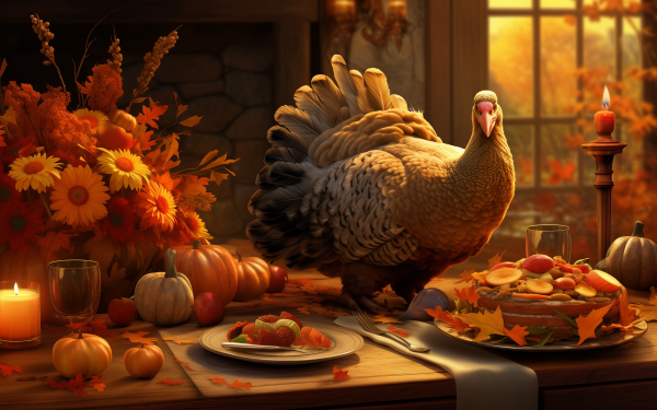 Festive Thanksgiving HD desktop wallpaper with a turkey centerpiece surrounded by autumn decorations, pumpkins, and a candlelit meal setting, evoking a warm holiday atmosphere.