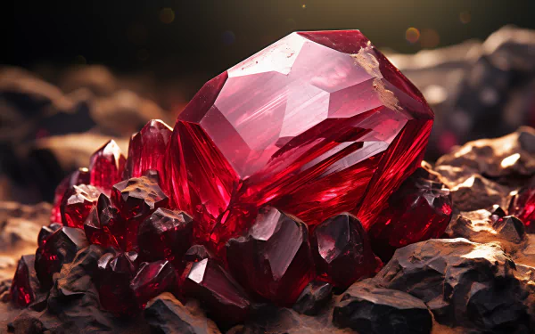 A stunning close-up of a ruby gemstone atop dark, textured rocks, showcasing vibrant red hues and intricate facets, complemented by a backdrop of nature's beauty.