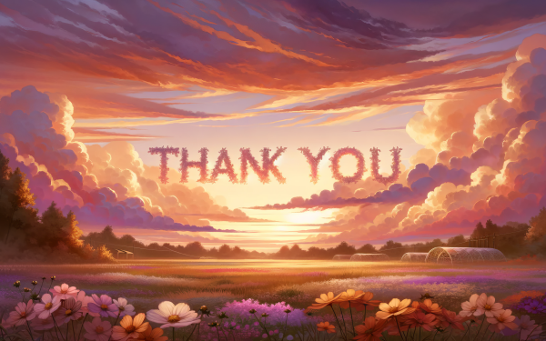 Stunning HD sunset wallpaper with 'Thank You' text in the sky, featuring beautiful flowers and pastoral landscape for desktop background.