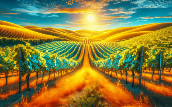 HD wallpaper of a sun-kissed vineyard with lush grapevines and a vibrant sunset in the background.
