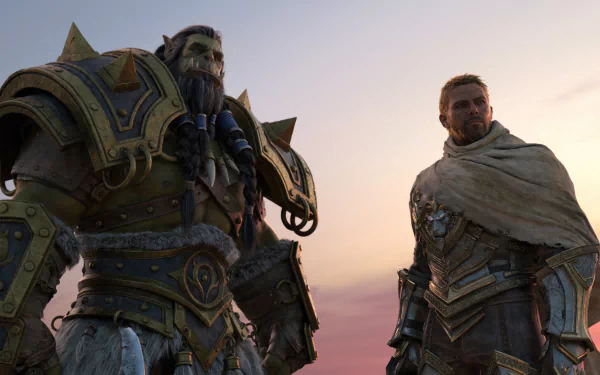 High-definition desktop wallpaper featuring characters Anduin Wrynn and Thrall from World of Warcraft: The War Within, set against a serene twilight sky.