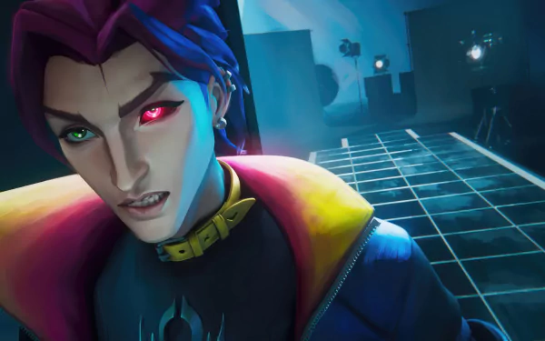 HD wallpaper featuring Kayn from League of Legends, with a shadowy backdrop and his Heartsteel weapon glinting in the distance.