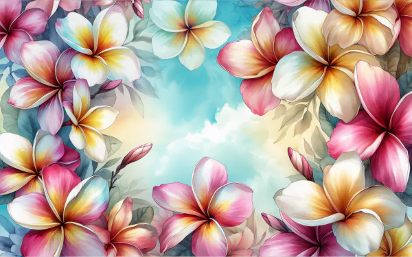 Colorful plumeria flowers with a soft blue sky background for a tranquil HD desktop wallpaper.