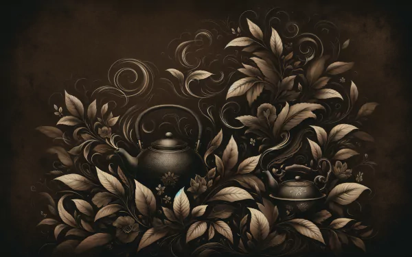 A beautifully crafted HD wallpaper featuring intricate patterns of leaves and swirling vines, showcasing two black tea kettles amidst a rich, earthy backdrop.
