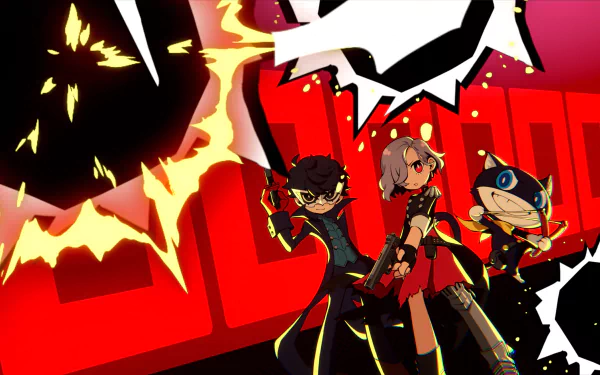 HD wallpaper of Persona 5 Tactica featuring stylized characters in action poses with bold red and black graphics in the background.