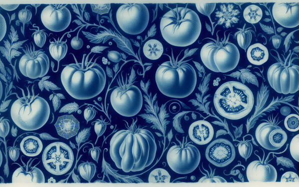 Stylish HD desktop wallpaper featuring an intricate blue and white illustration of various tomatoes and flora, perfect for a fresh background theme tagged with tomato.