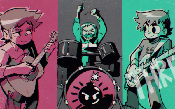 Scott Pilgrim Takes Off inspired HD desktop wallpaper featuring stylized cartoon band members playing musical instruments with bold pink and teal colors.