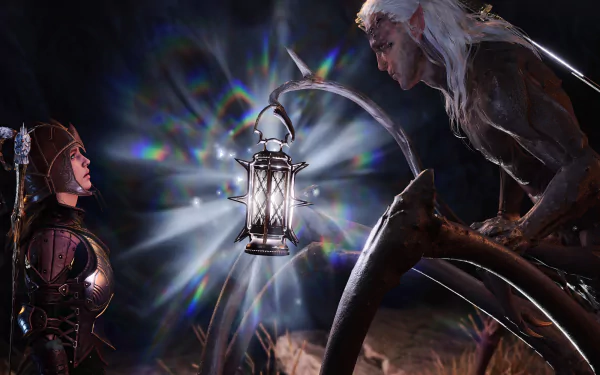 HD wallpaper featuring a mystical encounter between two characters from Baldur's Gate 3, with a magical lantern illuminating a dark fantasy backdrop.