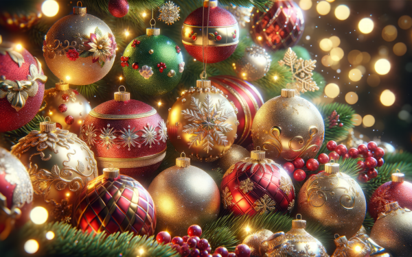 HD desktop wallpaper featuring a vibrant display of Christmas ornaments with sparkling lights and festive decorations.