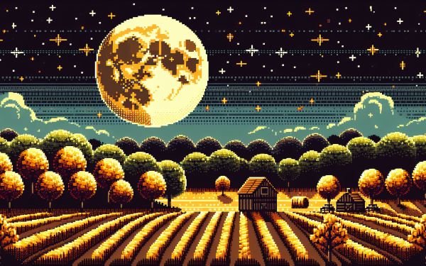 Pixel art HD desktop wallpaper featuring a harvest moon over a pastoral farm scene with fields, a barn, and trees.