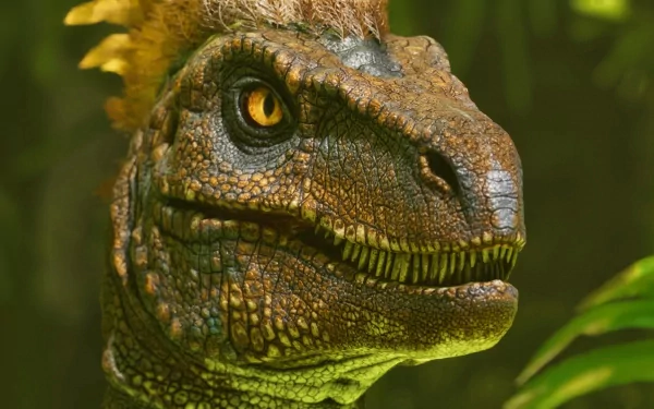 A detailed close-up of a dinosaur from ARK: Survival Ascended, showcasing its textured skin and intense gaze, set against a lush green backdrop. An engaging HD desktop wallpaper.