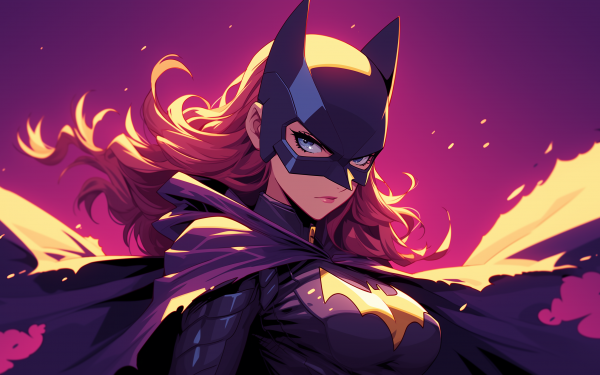 HD desktop wallpaper of Batgirl in dynamic pose with a vibrant purple and orange sunset background, perfect for superhero enthusiasts.