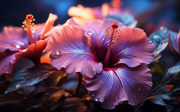 HD desktop wallpaper featuring a vibrant hibiscus flower with dewdrops on petals, set against a moody, illuminated background.