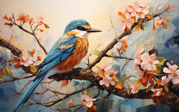HD desktop wallpaper featuring a vibrant kingfisher perched on a blossoming branch, ideal for a nature-inspired background.