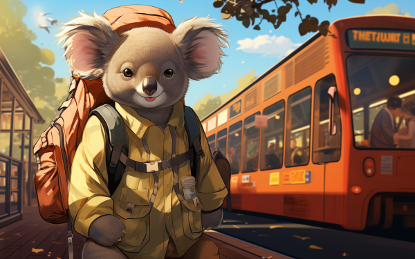 HD desktop wallpaper featuring a cartoon koala with a backpack waiting at a bus stop.