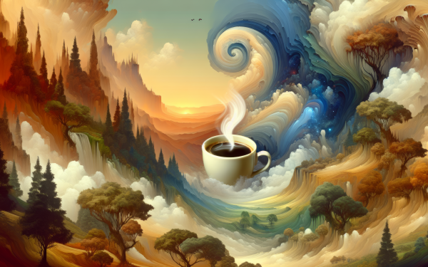 HD desktop wallpaper featuring a steaming coffee cup set against a fantastical landscape with swirling skies and lush forests, perfect for a relaxing background with a coffee theme.