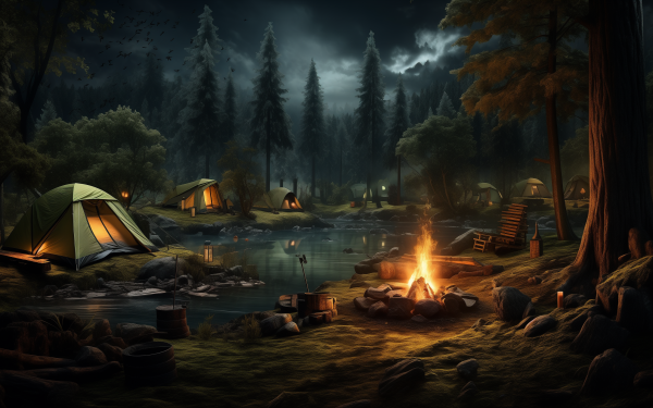 Cozy campsite with a glowing bonfire by a serene forest lake at dusk, perfect for an HD camping-themed desktop wallpaper background.