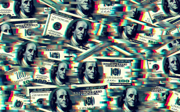 Collage of scattered U.S. dollar bills in various denominations with a 3D effect for HD wallpaper and desktop background.