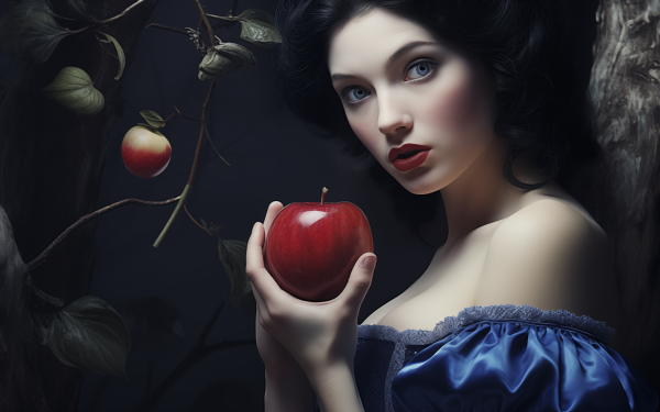 HD wallpaper of a Snow White inspired character holding a red apple, with a dark, enchanted forest background, perfect for desktop backgrounds.