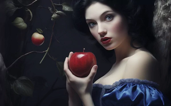 A captivating comic-style HD wallpaper featuring Snow White, elegantly holding a red apple, surrounded by dark foliage and apples, evoking a classic fairy tale atmosphere.