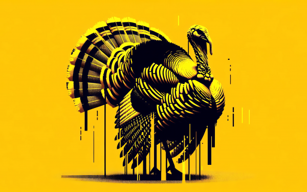 Graphic illustration of a turkey with intricate feather patterns on a vibrant yellow background, perfect for HD desktop wallpaper.