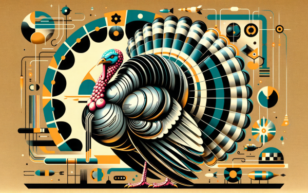 HD Desktop Wallpaper featuring a stylized artistic illustration of a turkey with geometric patterns and vibrant retro-futuristic design elements.