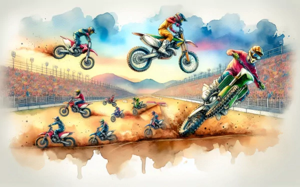 Colorful HD desktop wallpaper featuring dynamic motocross racing scene with multiple riders performing aerial stunts against a stylized artistic backdrop.