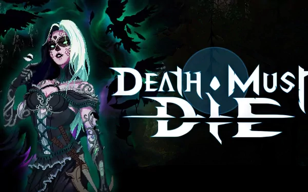 HD desktop wallpaper featuring a stylized character with Death Must Die logo for a dark and edgy background theme.
