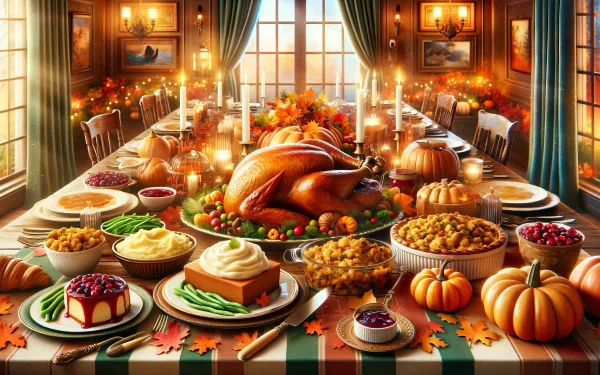HD wallpaper featuring a festive Thanksgiving dinner spread with a roasted turkey, various side dishes, and decorations in a warmly lit dining room.