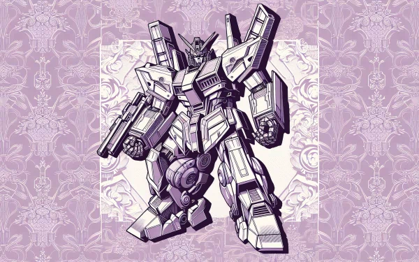 HD wallpaper featuring stylized robot illustration on purple patterned background.